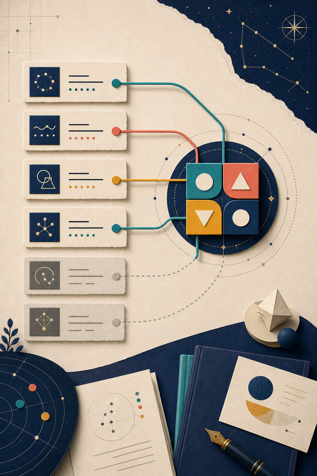 Editorial illustration mapping selected phrase blocks into a compact sequence of initials with visible connectors