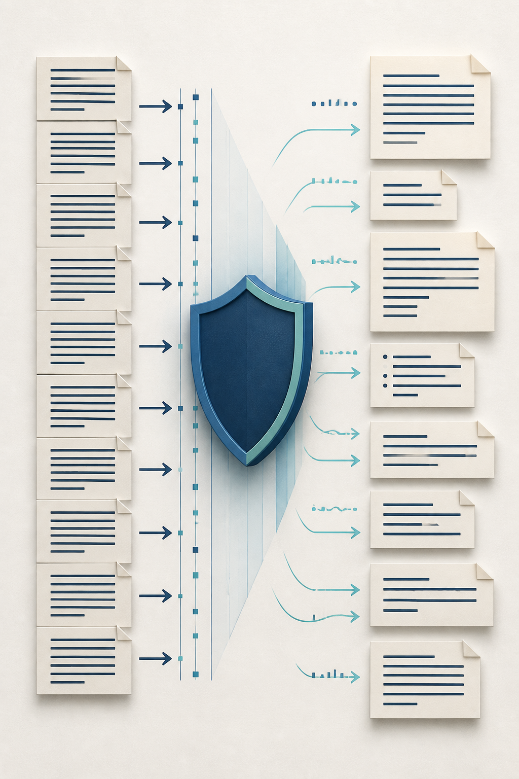 Editorial illustration of rigid repeated sentence blocks becoming varied natural sentence flow through a preservation shield