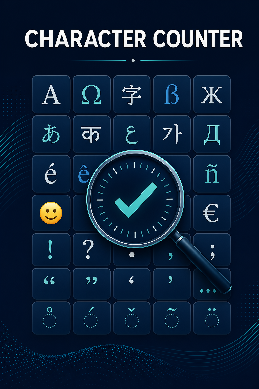 ScholarTool Character Counter guide artwork with a letter and emoji grid plus counting marks