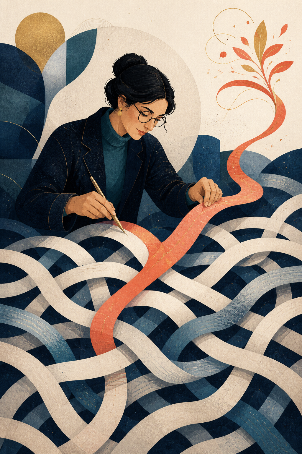 Editorial illustration of repeated paper ribbons separating into one fresh and distinctive sentence path