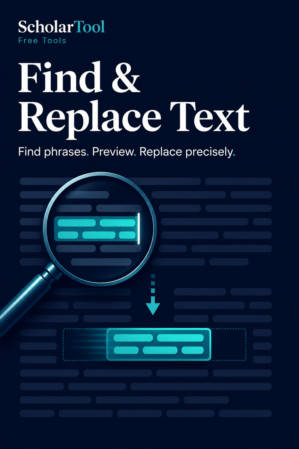 ScholarTool Find and Replace Text artwork with highlighted phrases moving into precise replacements