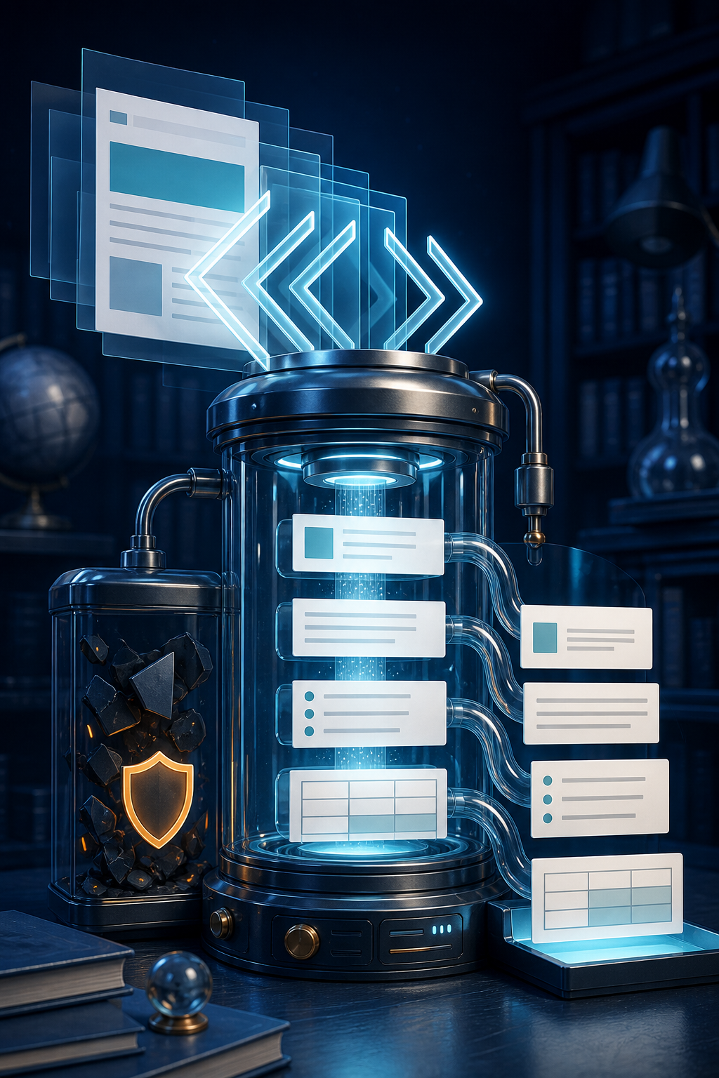 Editorial illustration of layered HTML document frames passing through an inert extraction chamber into text blocks