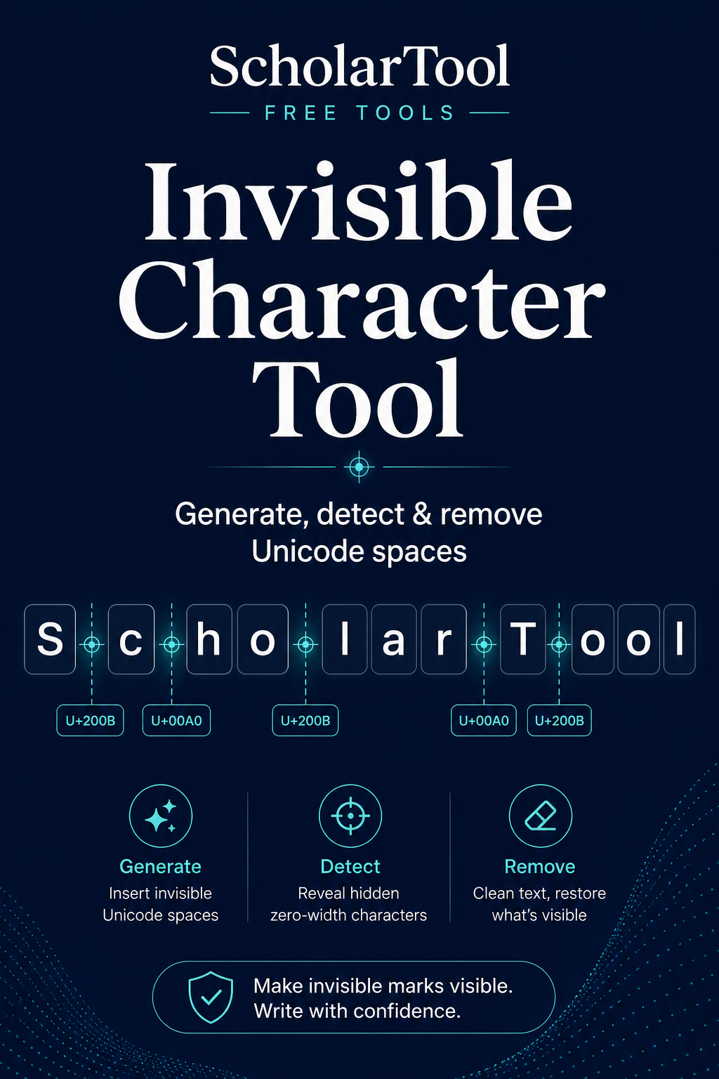 ScholarTool Invisible Character Tool artwork revealing hidden Unicode marks between visible text blocks