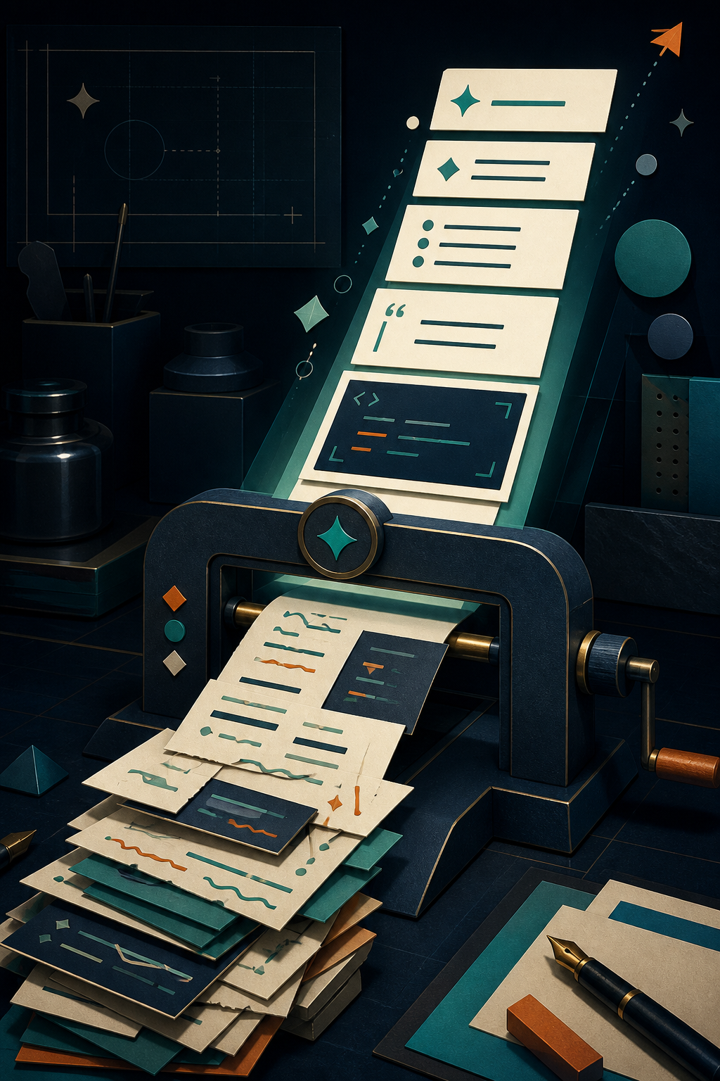 Editorial illustration of messy Markdown paper blocks passing through a careful formatting press and emerging aligned