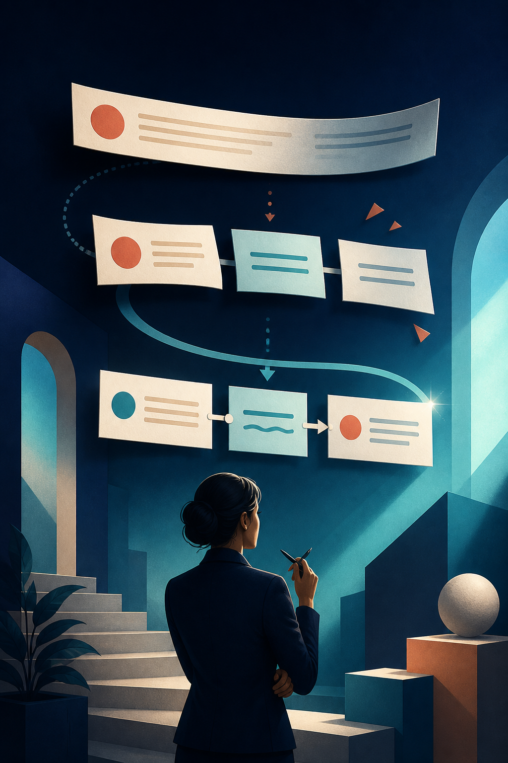Editorial illustration of sentence blocks changing from a passive structure into a clear actor-action-object flow