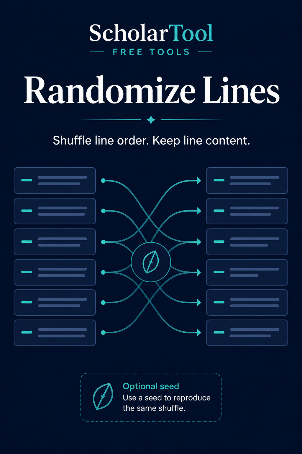 ScholarTool Randomize Lines artwork with intact line cards moving through a shuffle path