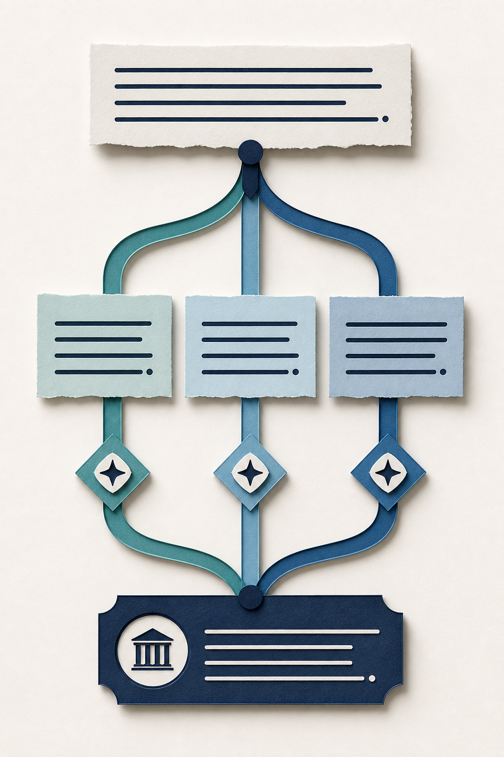 Editorial illustration of one source sentence branching into three clean alternative sentence cards