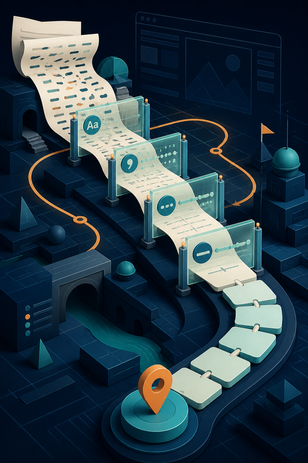 Editorial illustration of a long title flowing through URL path controls into a concise linked path