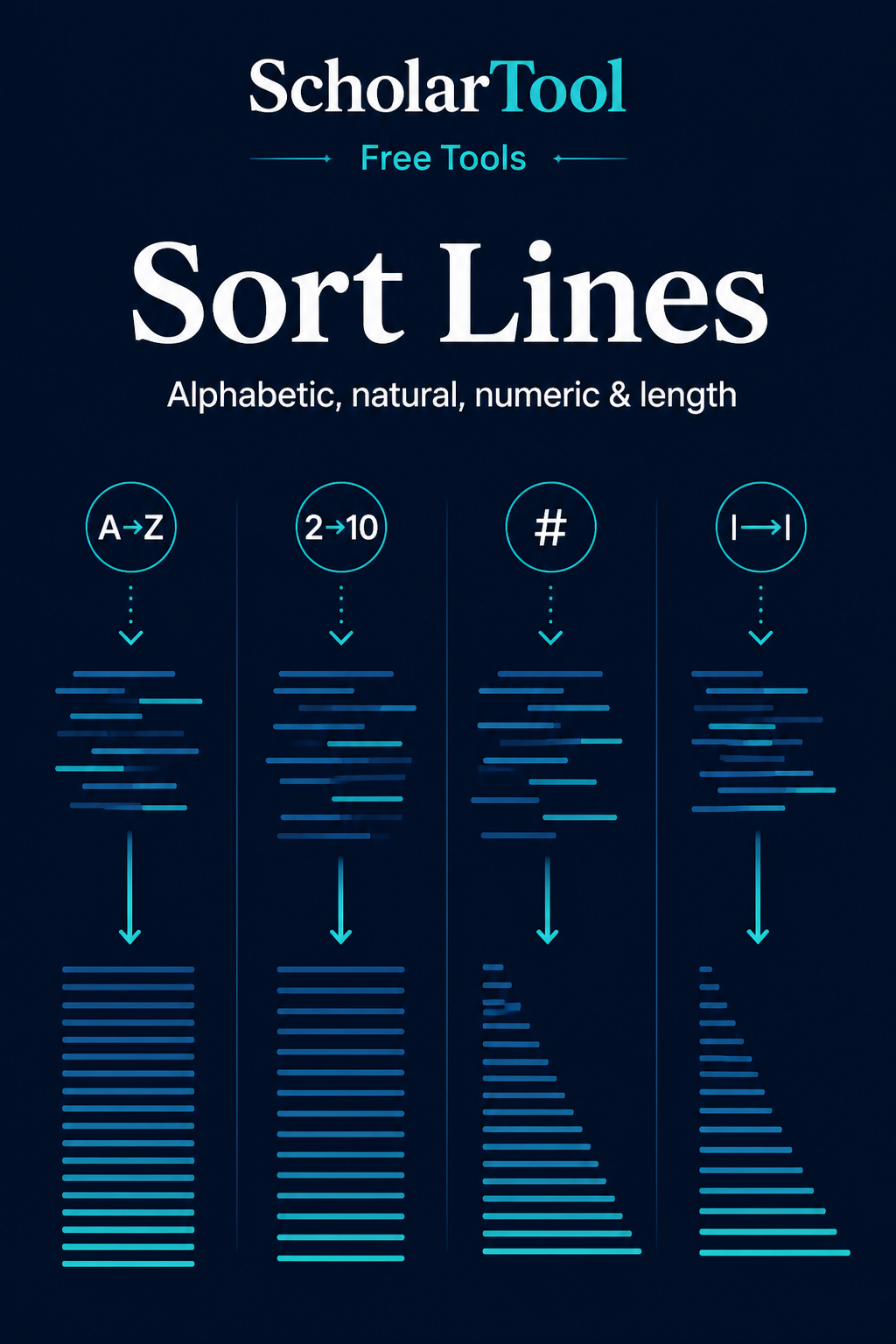 ScholarTool Sort Lines artwork with alphabetic, numeric and length-based line ordering motifs
