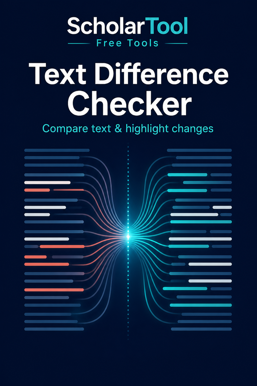 ScholarTool Text Difference Checker artwork with two document streams and precise added and removed highlights