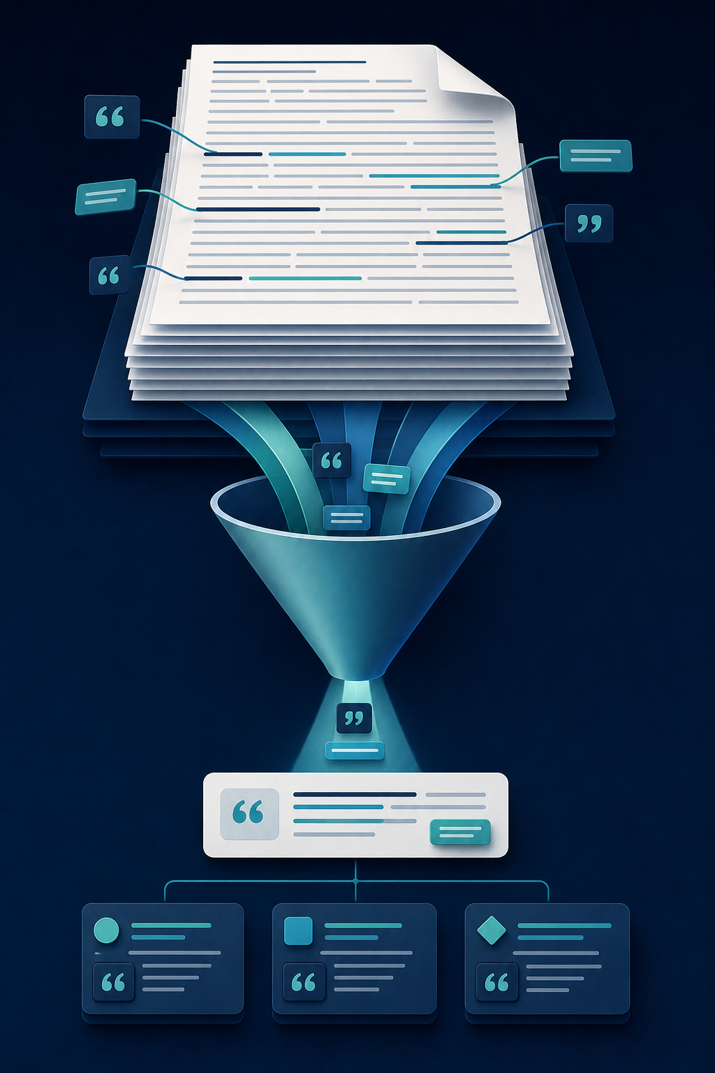 Editorial illustration of a large document compressing through a funnel into one concise summary and structured key points