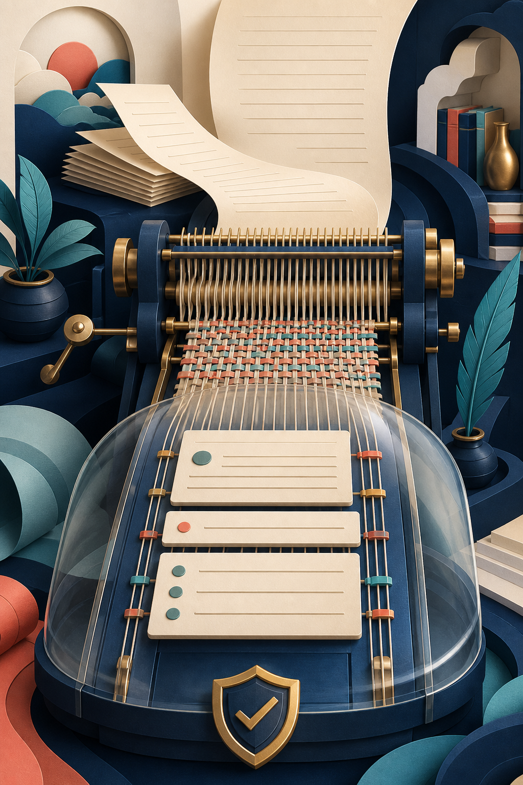 Editorial illustration of plain paper lines woven into safe paragraph and list structure under a protective shell