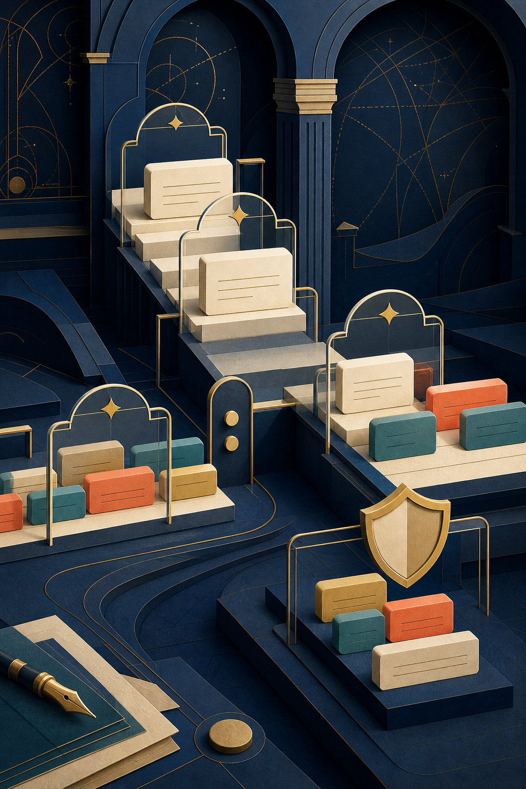 Editorial illustration of title words moving through clear capitalization gates with protected acronym blocks