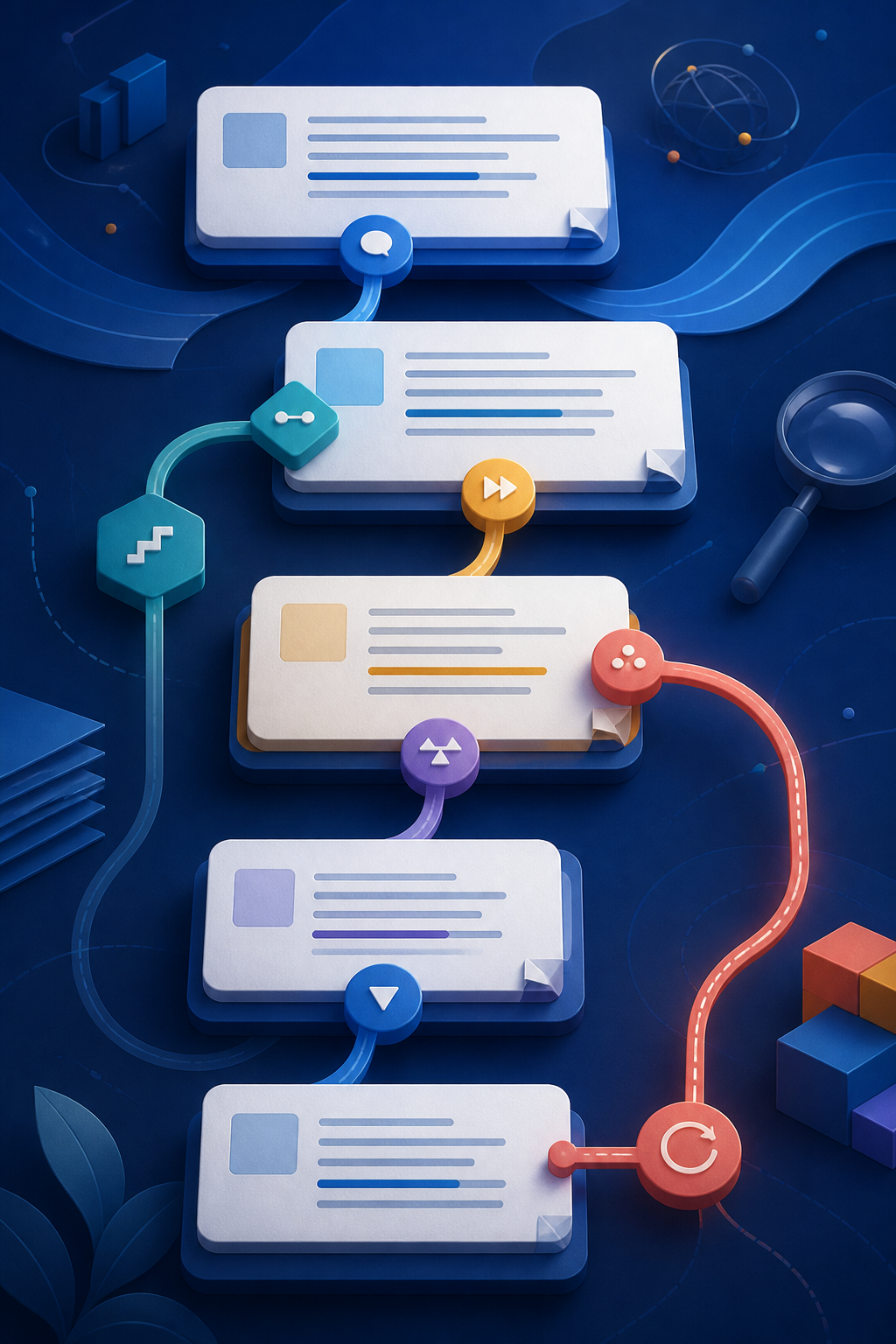 Editorial illustration of sentence blocks linked by colored bridges and transition nodes through a document
