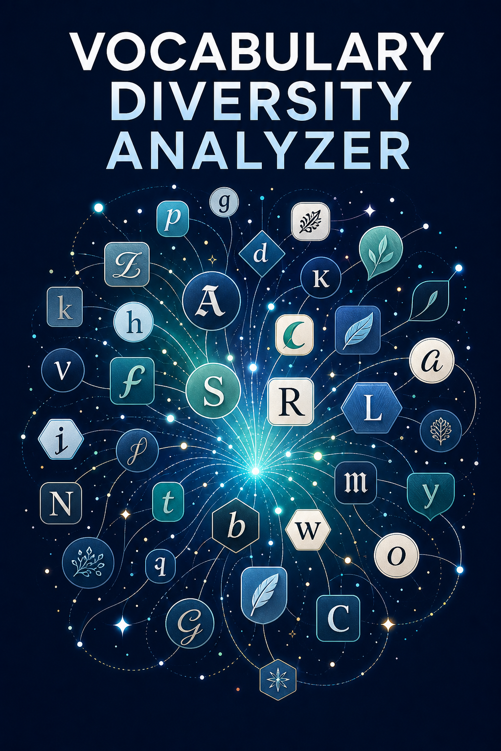 ScholarTool Vocabulary Diversity Analyzer guide artwork with a constellation of varied lexical tiles