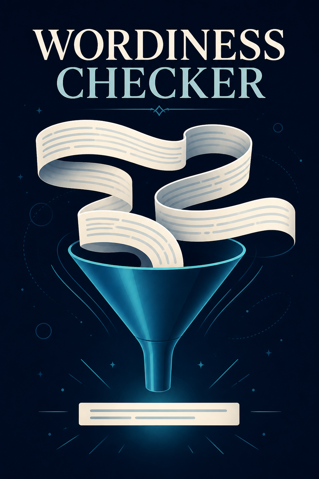 ScholarTool Wordiness Checker guide artwork showing a long sentence strip becoming concise