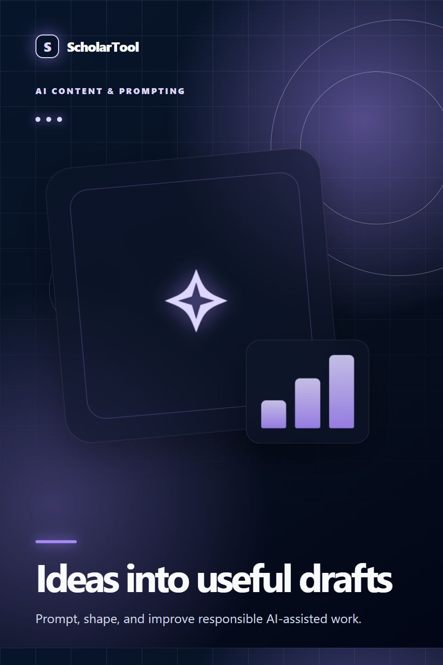 Editorial illustration of connected content cards, prompts and idea sparks for ScholarTool AI content tools