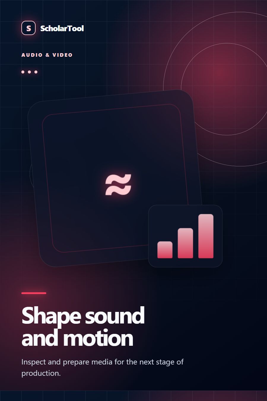 Editorial media workflow illustration with waveform, subtitle track and video frames for ScholarTool audio video tools
