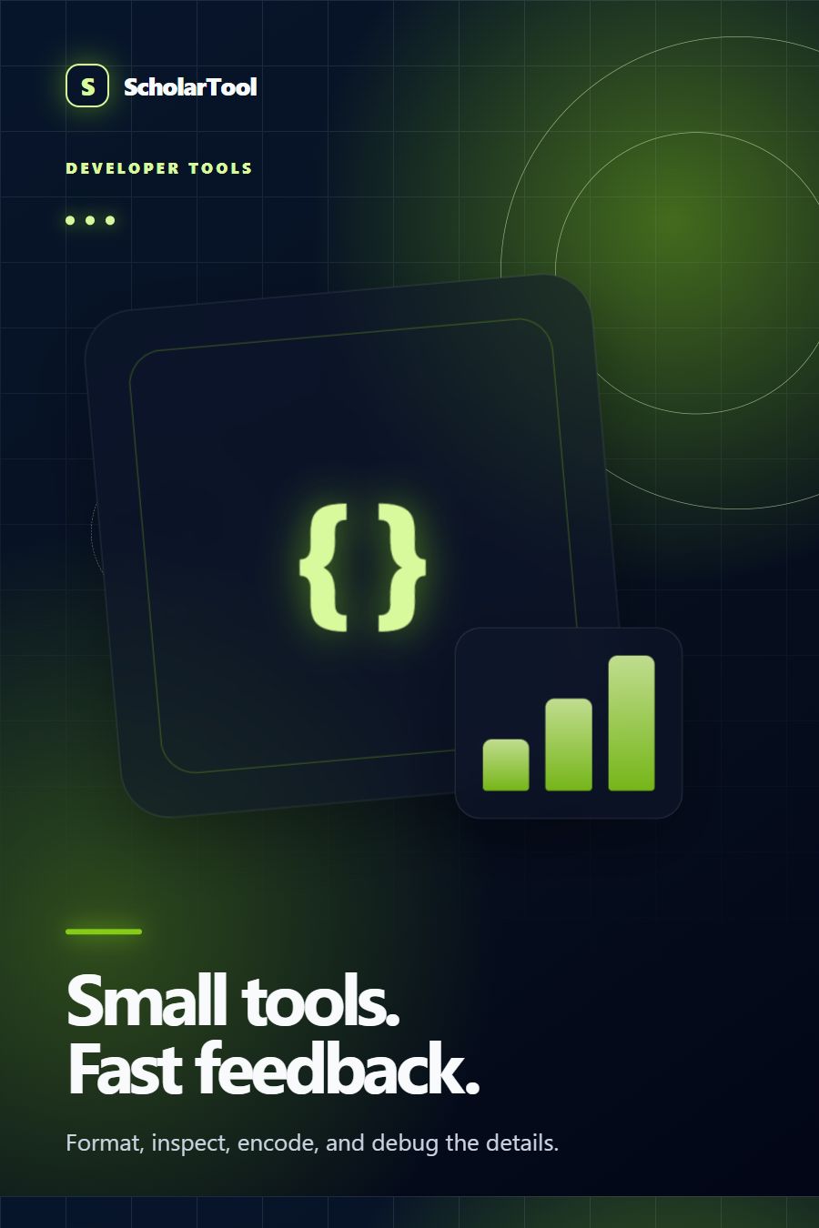 Editorial developer utility illustration with structured data blocks, code brackets and validation paths for ScholarTool tools