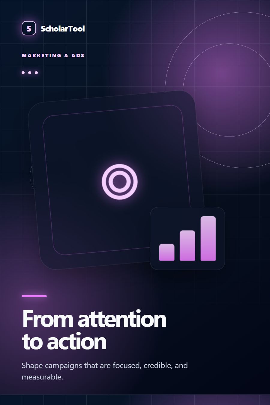 Editorial marketing strategy illustration with brand cards, message paths and campaign notes for ScholarTool business tools