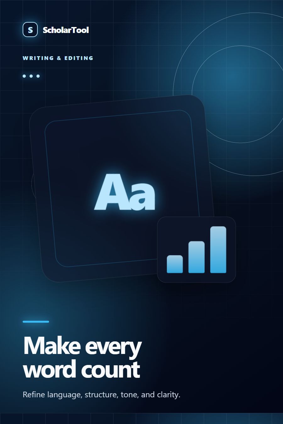 Editorial illustration of a polished document, text cursor and review marks for ScholarTool writing tools