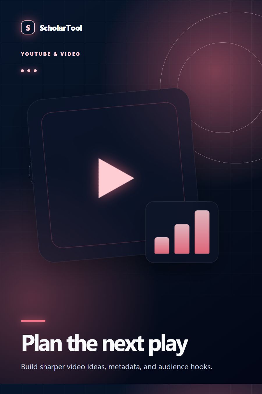 Editorial creator workspace illustration with video frames, captions and discovery tags for ScholarTool YouTube tools